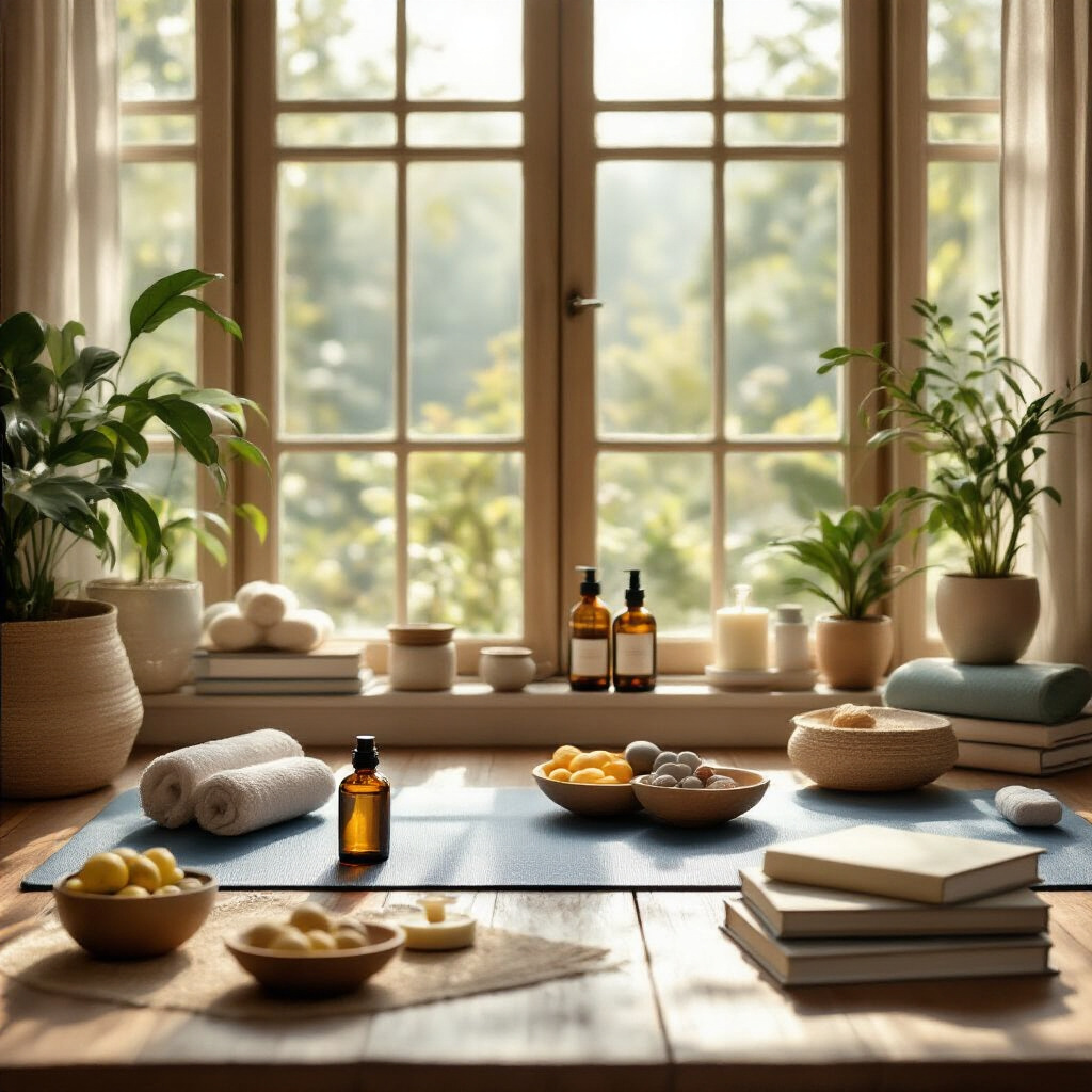 Create a realistic image of a serene yoga or meditation space with natural light streaming through windows, featuring essential oils, healthy food items, yoga mats, and wellness books arranged in a balanced composition, symbolizing the holistic approach to health and wellness discussed throughout the blog.