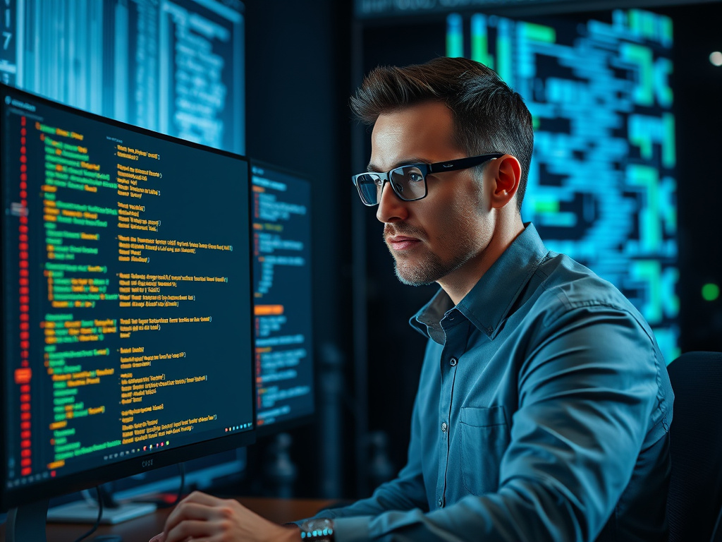 IT professional analyzing website code and server responses on a monitor with technical data overlays