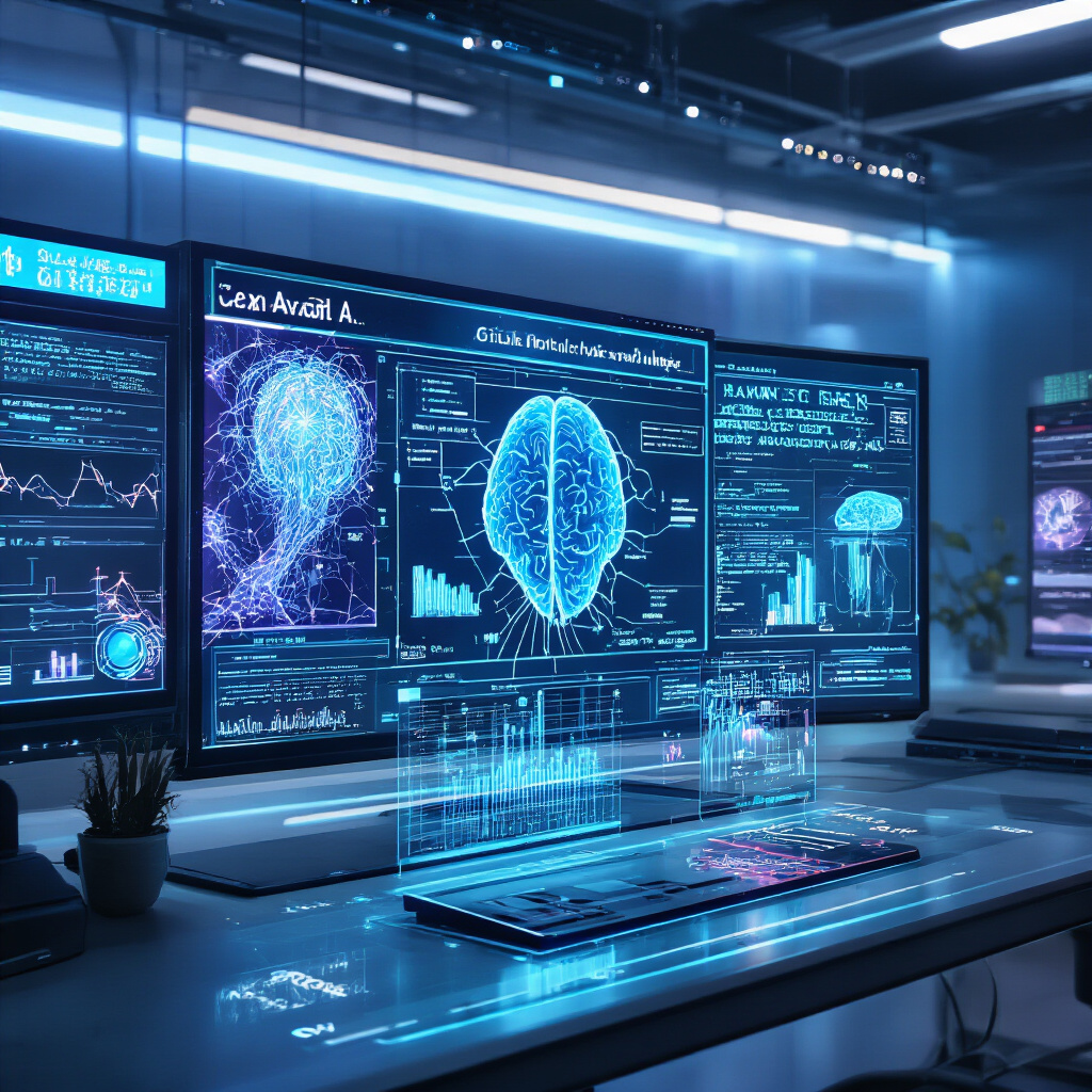 Create a realistic image of a highly advanced AI interface displaying multiple neural network visualizations, complex data patterns, and holographic representations of Grok 4's capabilities, with futuristic blue and purple lighting illuminating a sleek, modern workspace environment with multiple screens showing real-time language processing and reasoning abilities.