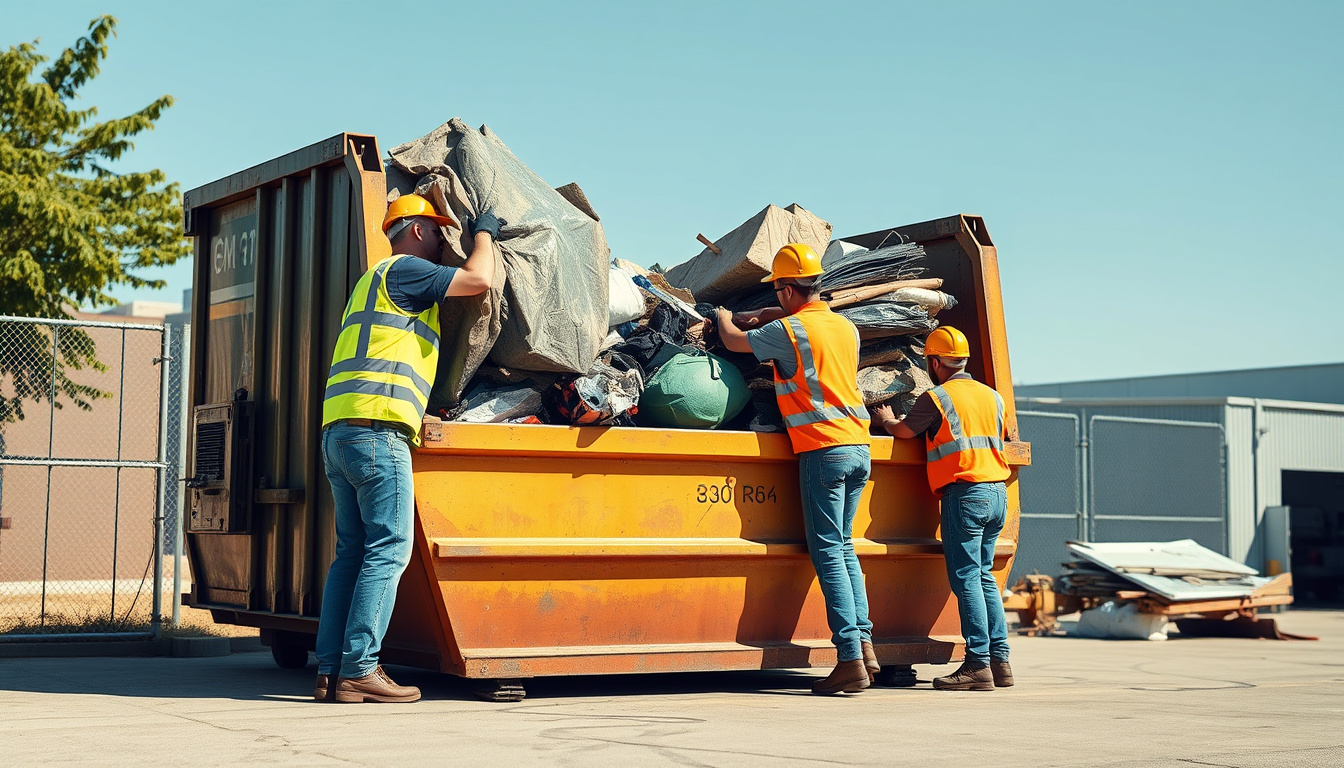  Workers efficiently loading oversized waste items into a dumpster with safety gear on a bright day