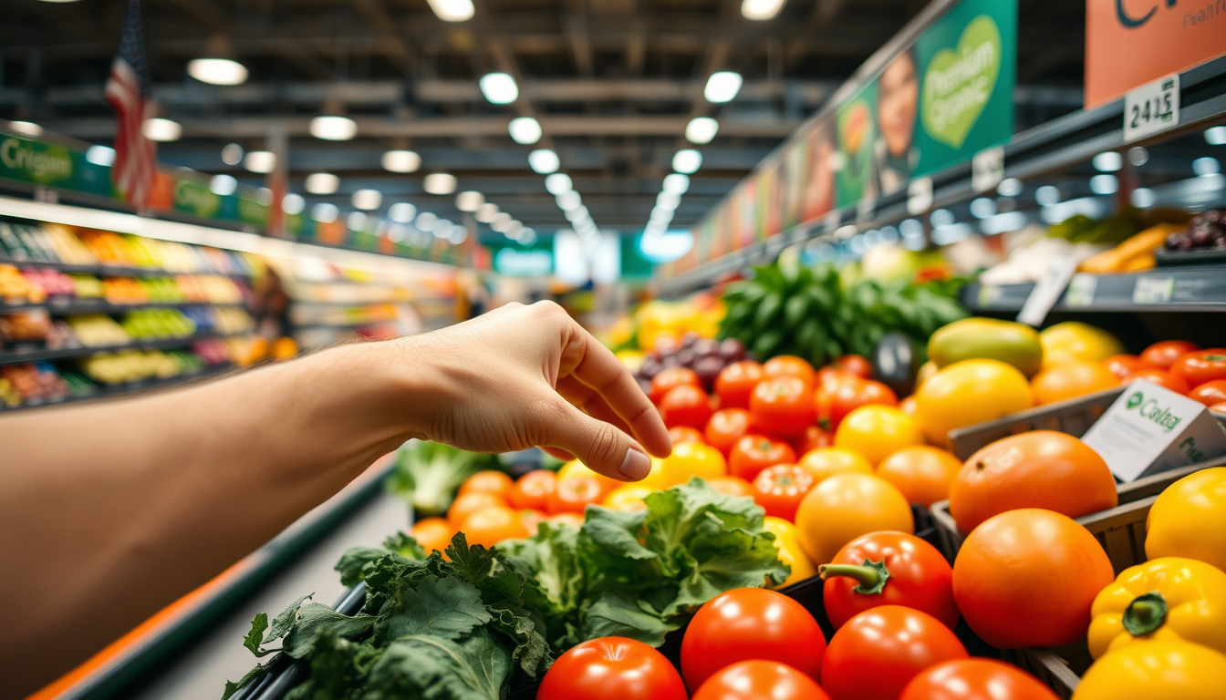  close-up of a hand selecting premium organic produce in a grocery store aisle