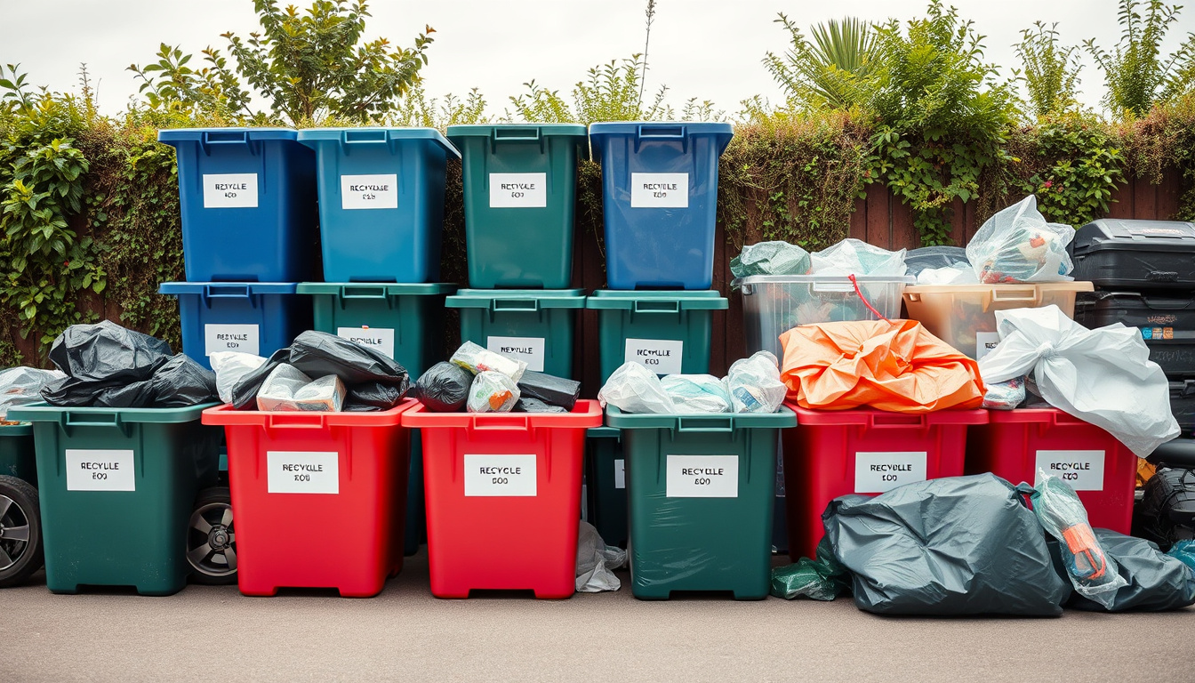  organized waste removal scene, clear bins labeled, neat piles of recyclable and trash bags outdoors