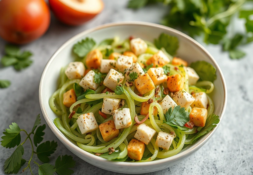 Representação visual de Salada Refrescante de Pepino Crocante com Tofu: O Almoço Perfeito para o Verão