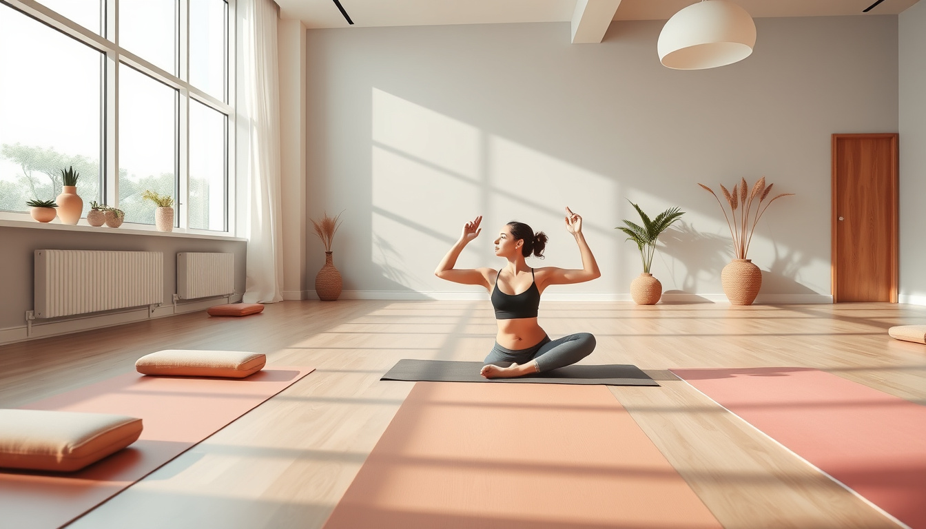  Calm yoga studio scene with person in pigeon pose, soft mats, peaceful ambiance
