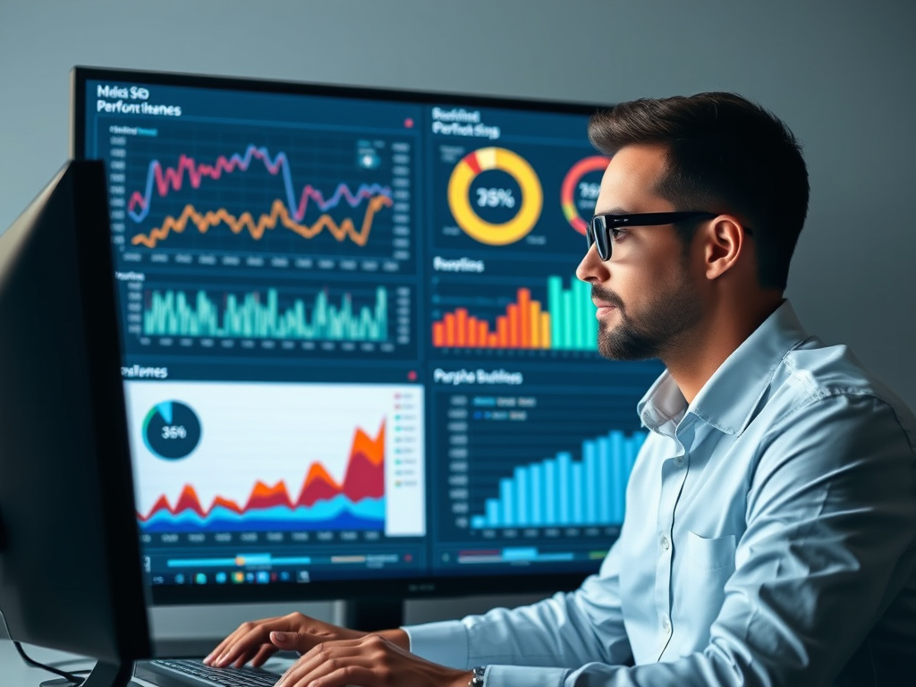 digital marketer analyzing SEO performance metrics on a large monitor with graphs and data charts