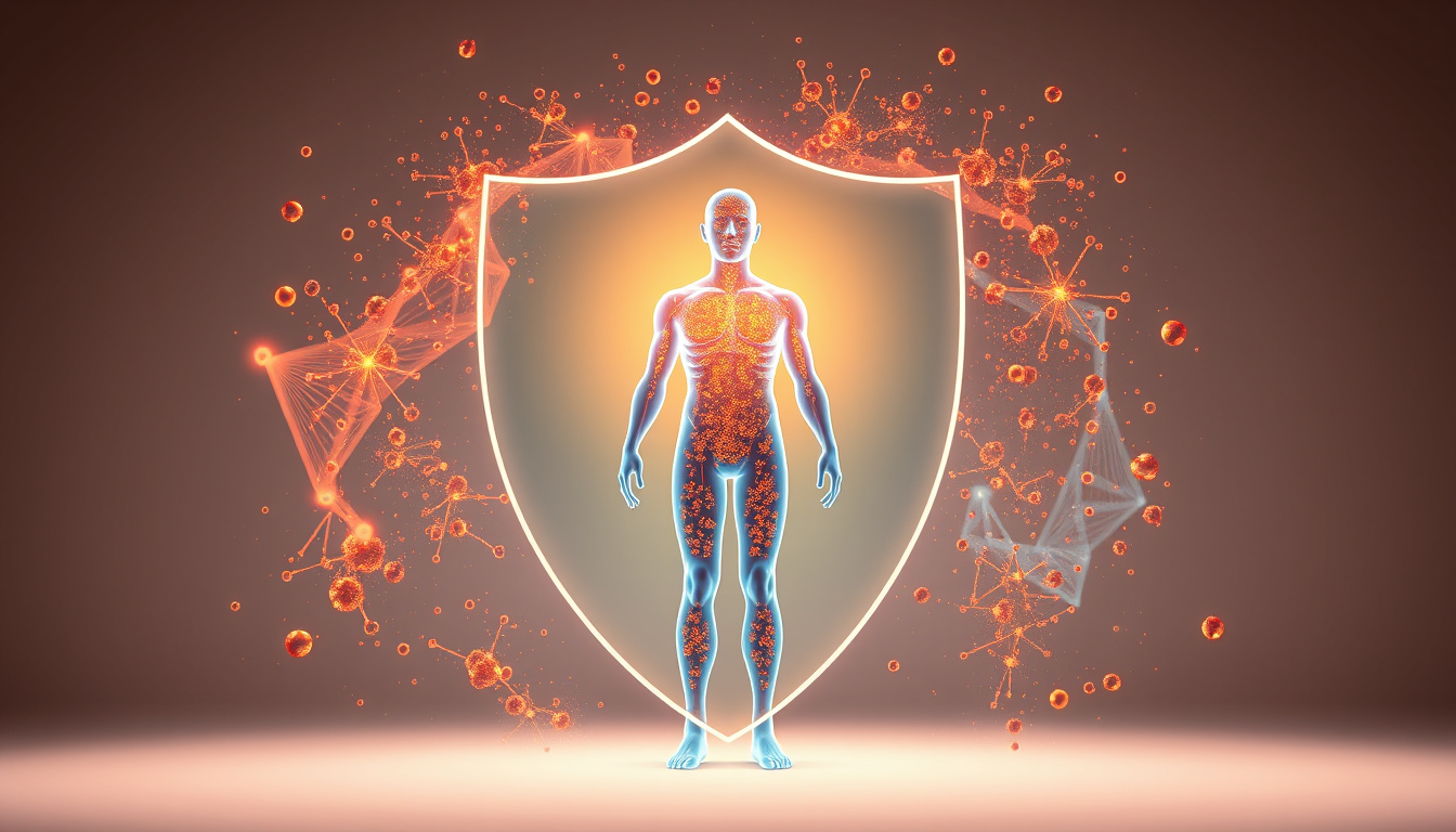  A dynamic, protective shield of antioxidants surrounding a healthy human silhouette