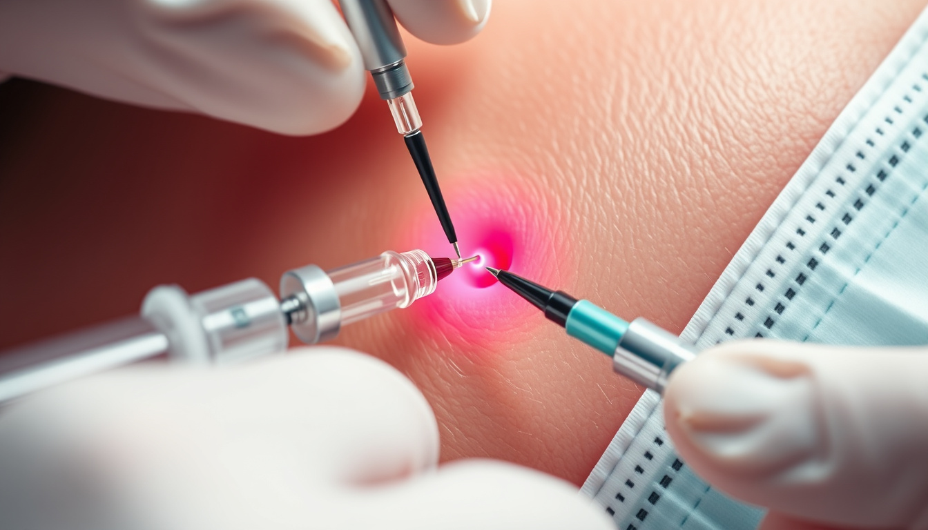  Close-up of nerve block injection into patient’s nerve with medical tools and healthcare professional