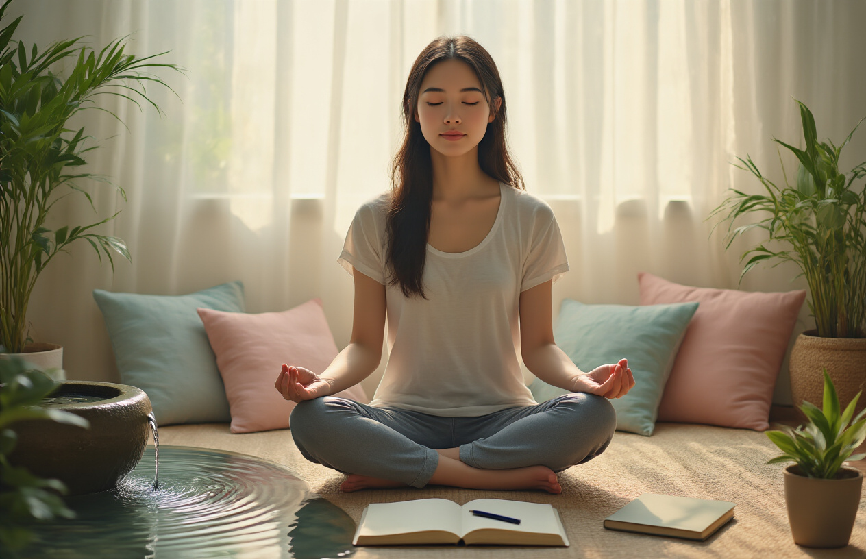 Create a realistic image of a serene meditation space with a young Asian woman sitting cross-legged with eyes closed, appearing peaceful and centered, soft natural light streaming through sheer curtains, a small indoor fountain creating gentle ripples, journal and pen nearby, pastel-colored throw pillows, and potted plants adding to the calm atmosphere, symbolizing mental clarity and emotional balance.