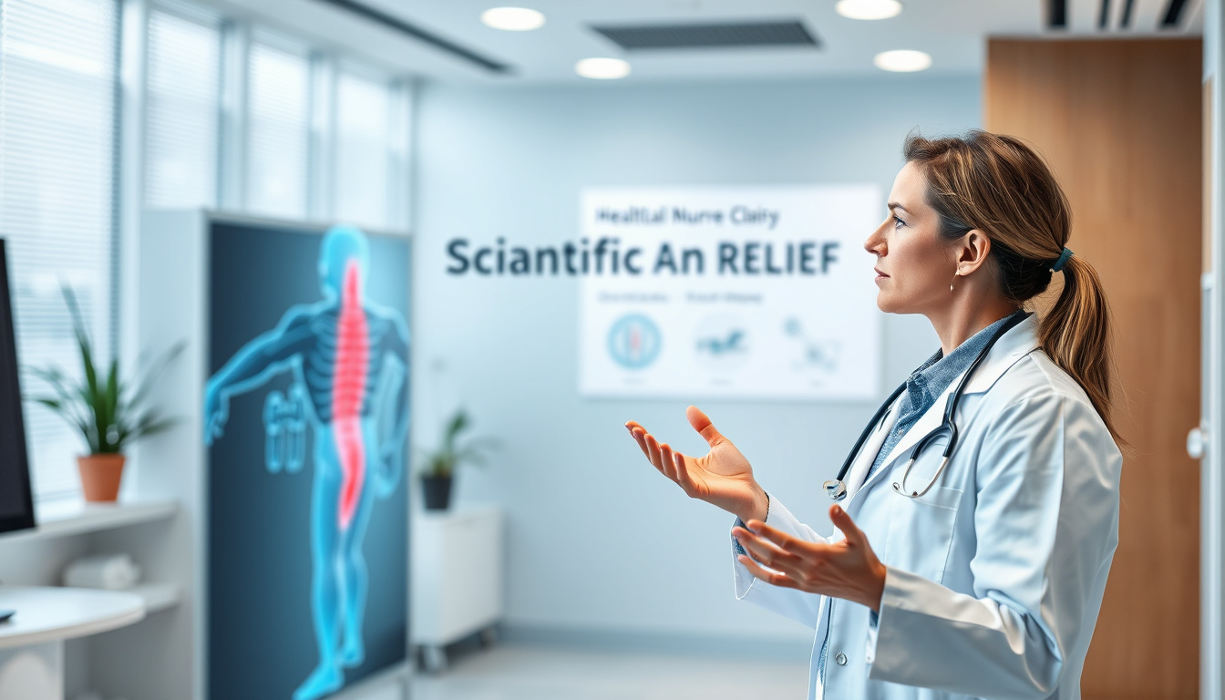  a healthcare professional explaining sciatic nerve pain relief techniques, modern clinic background, clear visual aids