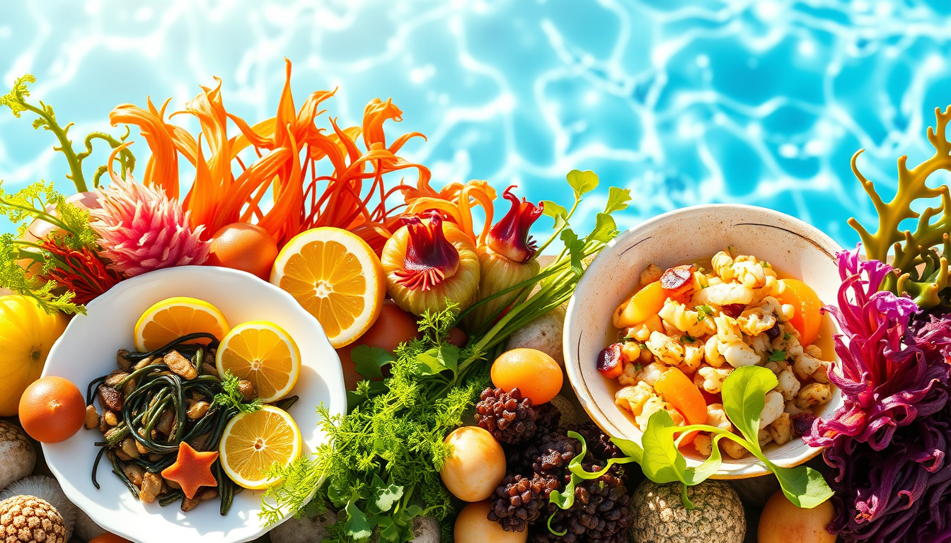 Delicious<b> Sea Vegetable Recipes</b>: Elevate Your Meals with Ocean Flavors’ style=’display: block; margin: auto; max-width: 100%; height: auto;’></p>
<h2>Key Takeaways</h2>
<ul>
<li>Sea vegetables are nutrient-dense, offering a variety of health benefits.</li>
<li>Proper cooking techniques are essential to bring out the best flavors in sea vegetables.</li>
<li>Fresh salads featuring sea vegetables can enhance meals with vibrant tastes and textures.</li>
<li>Heartwarming soups and stews can be made more wholesome by incorporating sea vegetables.</li>
<li>Creative snacks and main dishes with sea vegetables can impress guests and elevate dinner parties.</li>
</ul>
<h3>Introduction to Sea Vegetables: Nutritional Benefits and Varieties</h3>
<p>Sea vegetables are not just a fancy addition to your sushi platter; they’re nutritional powerhouses that can elevate any dish! Packed with vitamins, minerals, and antioxidants, these ocean treasures can enhance your meals while also offering many health benefits. Varieties like nori, kombu, and wakame not only add unique flavors and textures but also cater to your body’s needs with their high fiber content and potential to support thyroid function. When you’re ready to dive into the delicious world of<b> sea vegetable recipes</b>, you’ll find that these greens are versatile enough to shine in salads, soups, and even pasta dishes—making your culinary creations not only tasty but also good for the planet, as they are often sustainably harvested. So grab your sea vegetables and let’s make some waves in the kitchen!</p>
<h3>Essential Cooking Techniques for Sea Vegetables</h3>
<p>Sea vegetables are culinary treasures packed with nutrients and flavor, making them an excellent choice for all sorts of dishes. To unlock their full potential, mastering essential cooking techniques is key. For example, soaking dried seaweed before use hydrates the leaves and brings out their natural umami. Whether you’re whipping up a zesty kelp salad or a rich sea vegetable soup, always rinse your sea vegetables thoroughly to remove any grit. Light steaming or sautéing can enhance their vibrant colors and textures without overshadowing their unique taste. And don’t forget to experiment with seasonings! A sprinkle of sesame seeds or a dash of soy sauce can elevate your<b> sea vegetable recipes</b> to the next culinary ocean, making your dishes not just healthy but also delightfully flavorful. Remember, when it comes to cooking with sea vegetables, the sea is your oyster… or rather, your kelp!</p>
<blockquote><p>‘Food is our common ground, a universal experience.’ – James Beard</p></blockquote>
<h3>Appetizing Sea Vegetable Salads: Fresh and Flavorful</h3>
<p>Are you ready to dip your toes into the ocean of deliciousness? With a wave of a fork, you can transform <a href=