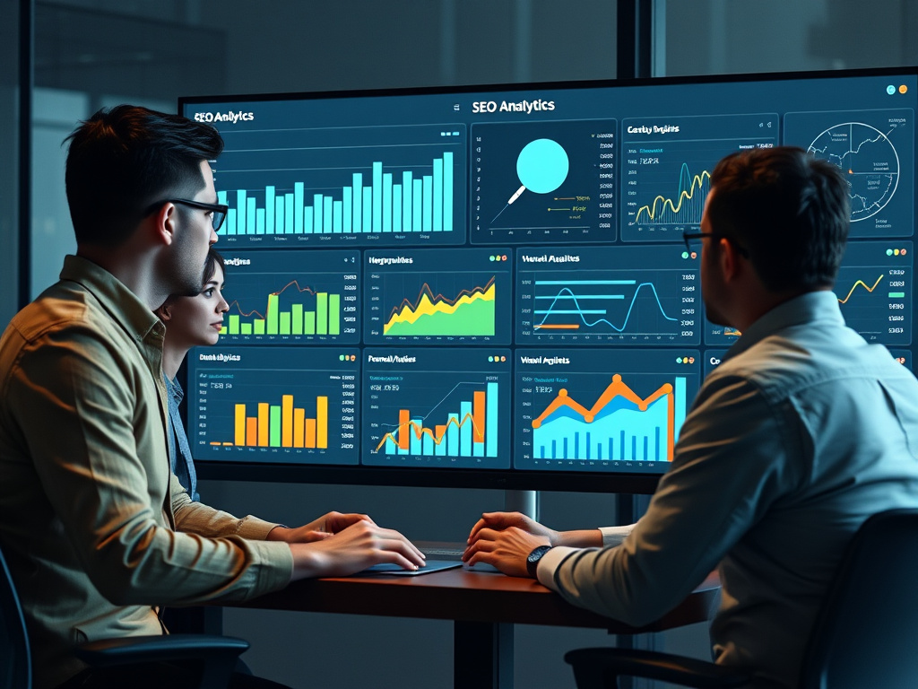 professional team analyzing SEO analytics on a digital dashboard with graphs and metrics
