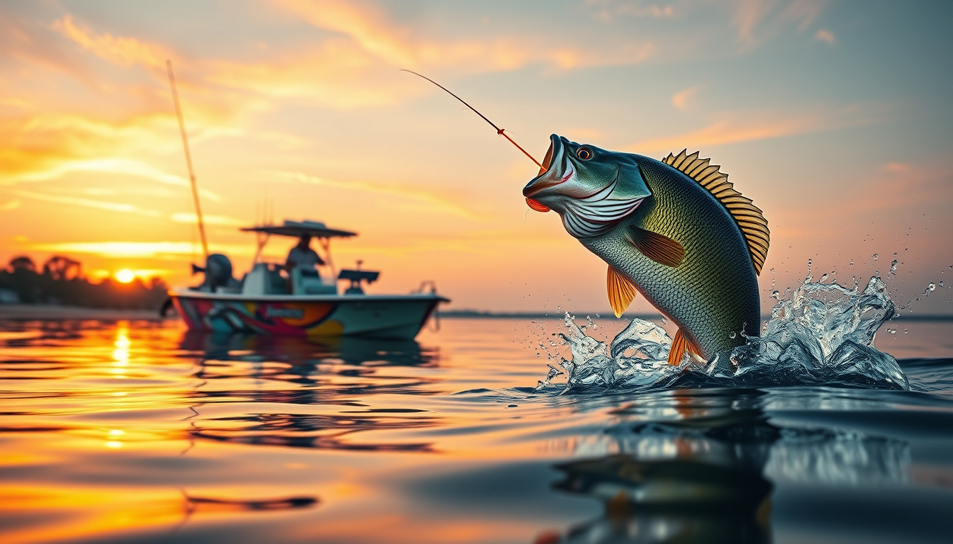  Giant bass leaping near a colorful boat, strategic bait, vibrant water reflections, sunrise fishing tournament excitement