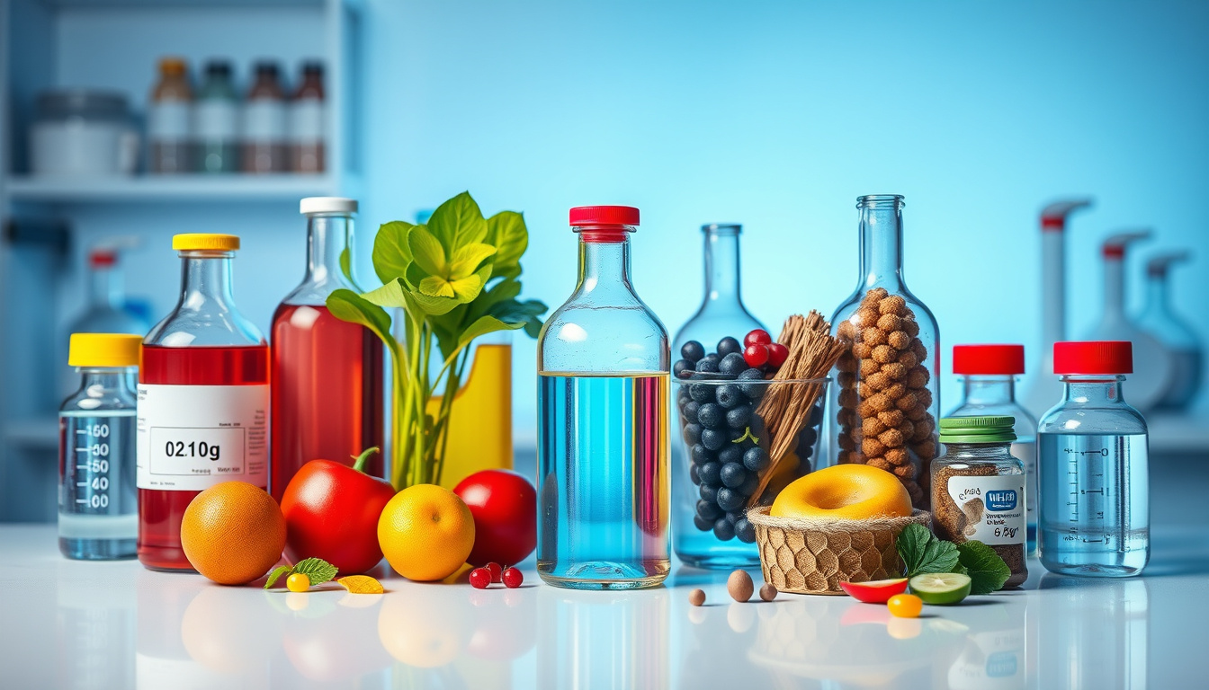  Laboratory setting with chemical bottles, healthy versus unhealthy foods, abstract health impact visualization