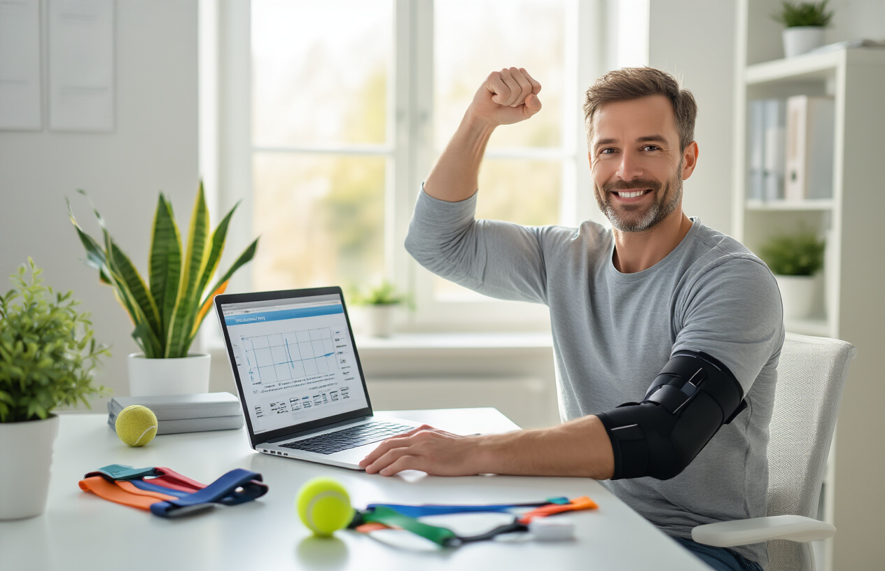 Create a realistic image of a white male adult in his 30s sitting at a clean, modern desk in a bright, well-lit home office environment, looking confident and pain-free as he flexes his right arm showing restored strength, with his laptop open displaying a recovery tracking chart, surrounded by rehabilitation tools including resistance bands, a tennis ball, an ergonomic elbow brace, and a small potted plant on the desk, with natural sunlight streaming through a window in the background creating a hopeful and successful recovery atmosphere, shot from a slightly elevated angle to capture both the person and the organized workspace below. Absolutely NO text should be in the scene.