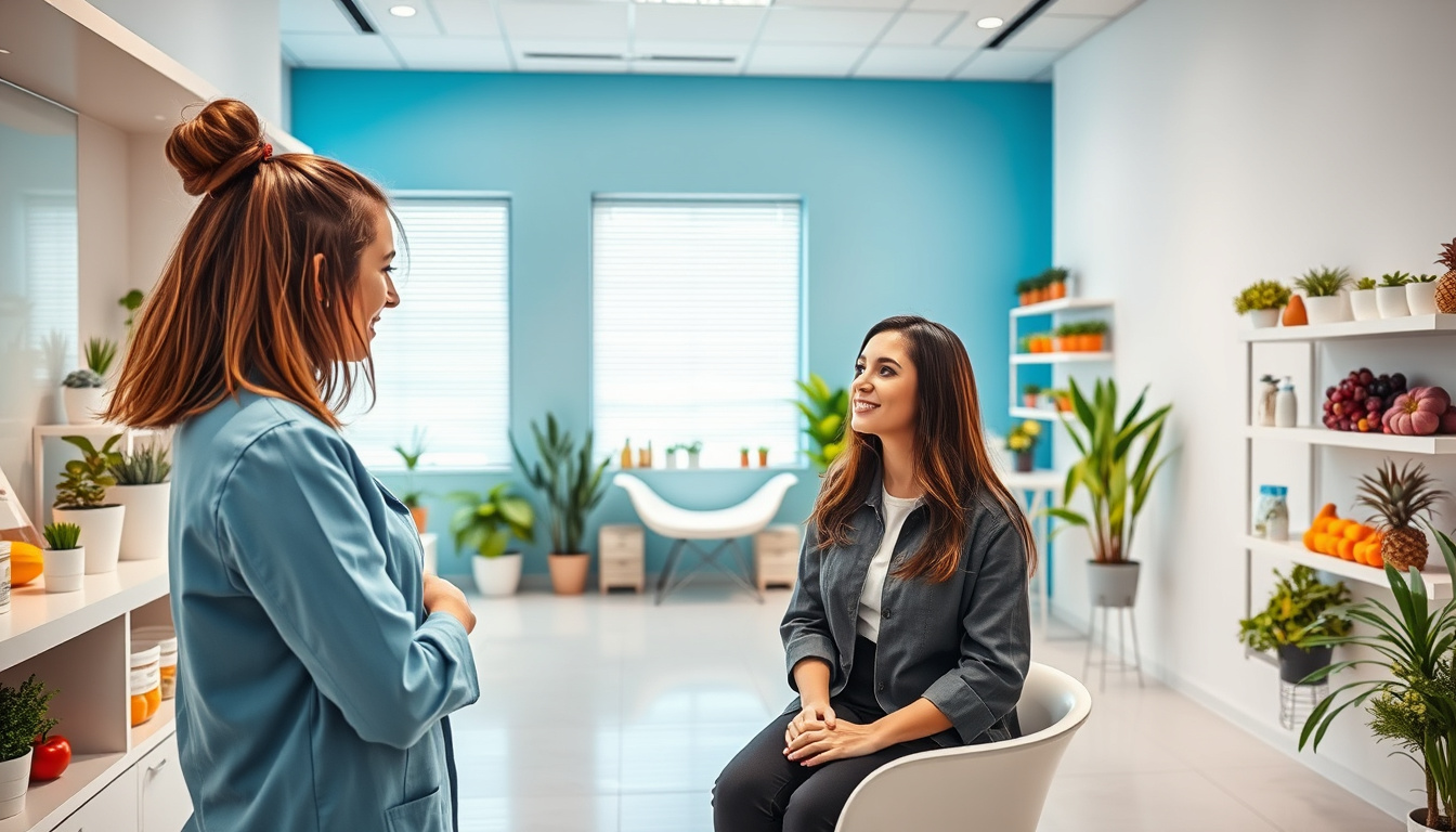  Bright clinic environment with a professional nutritionist advising a client