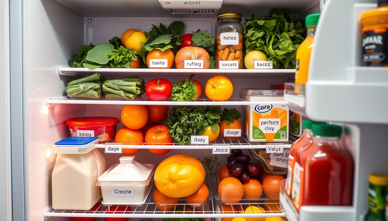  Organized refrigerator with labeled fresh produce, herbs, and dairy products maintaining freshness longer