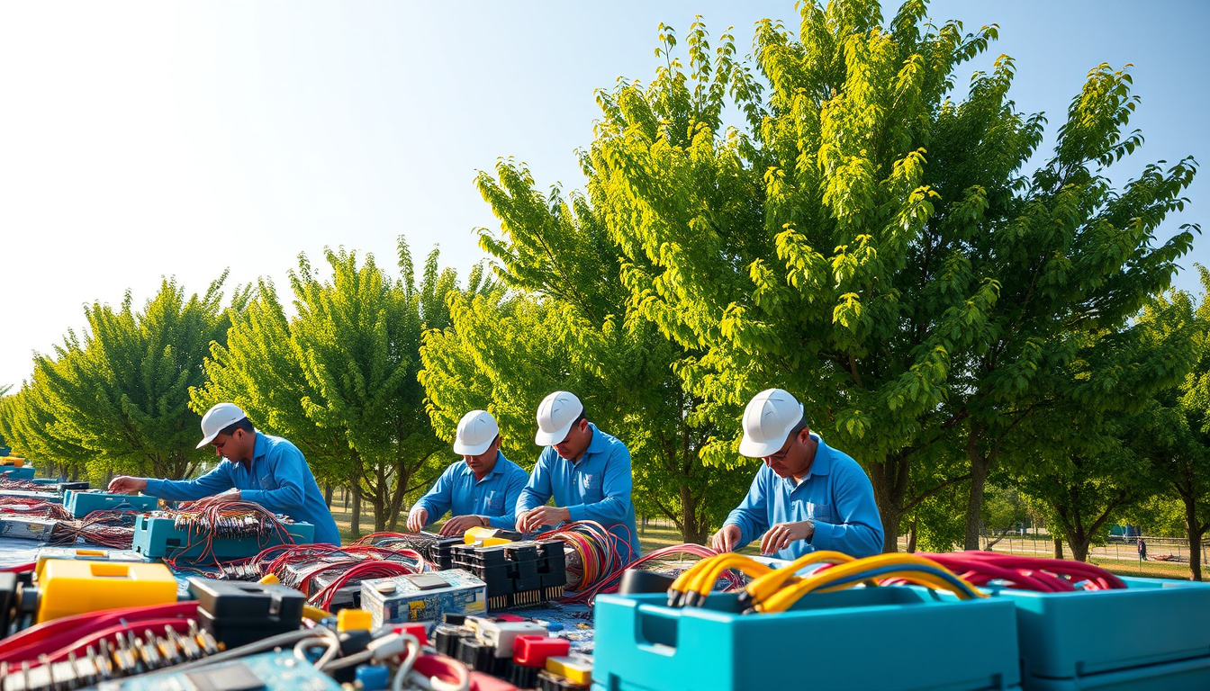  Workers sorting colorful electronic components beside lush green trees under clear blue sky