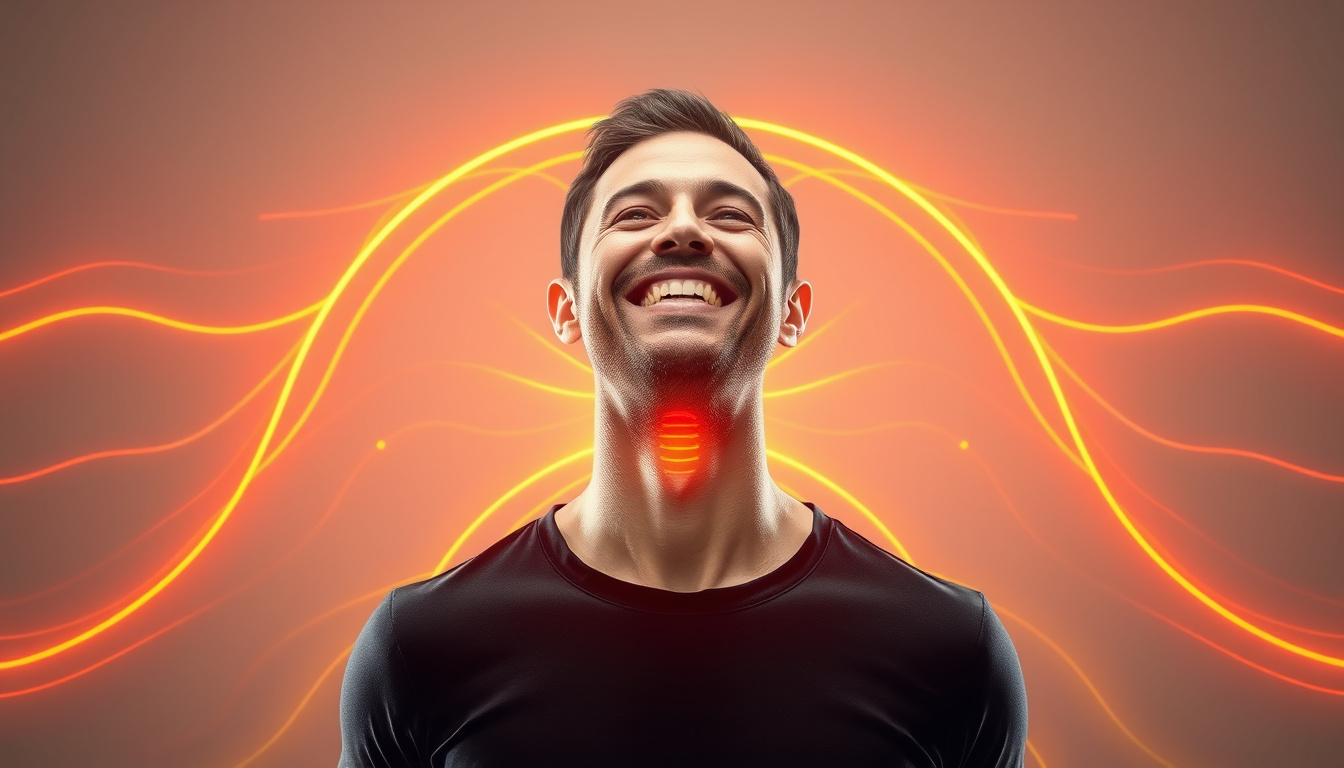  A healthy person smiling with a straight spine, surrounded by glowing, energetic lines