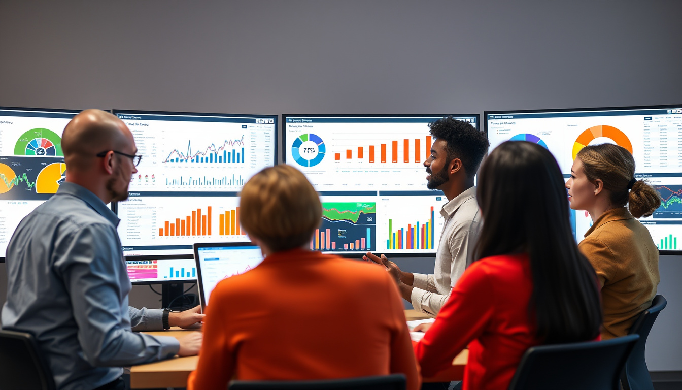 Diverse team analyzing customer data on digital screens with colorful charts and graphs