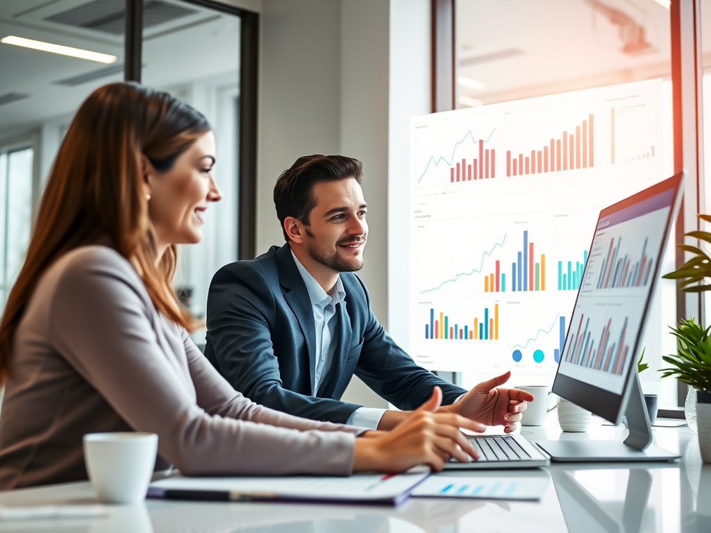 professional digital marketing team analyzing SEO data with charts and graphs in a corporate office