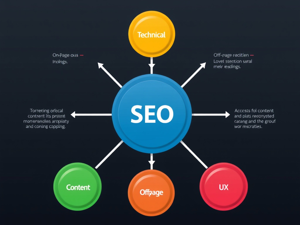 Infographic illustrating the components of SEO, with interconnected nodes representing technical, content, on-page, off-page, and UX elements