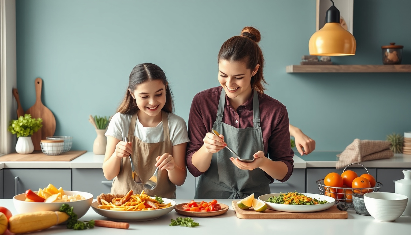  Happy family cooking gluten-free dishes, vibrant ingredients, cozy home atmosphere