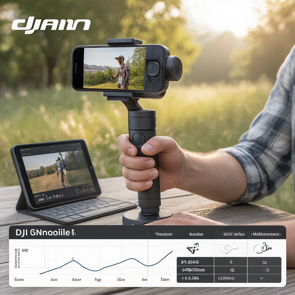 Create a realistic image of a person testing the DJI Osmo Mobile 7P gimbal in an outdoor setting, capturing stabilized footage of a moving subject, with technical equipment like a smartphone mounted on the gimbal, comparison charts or metrics visible on a nearby tablet, and natural lighting highlighting the gimbal's features during active use.