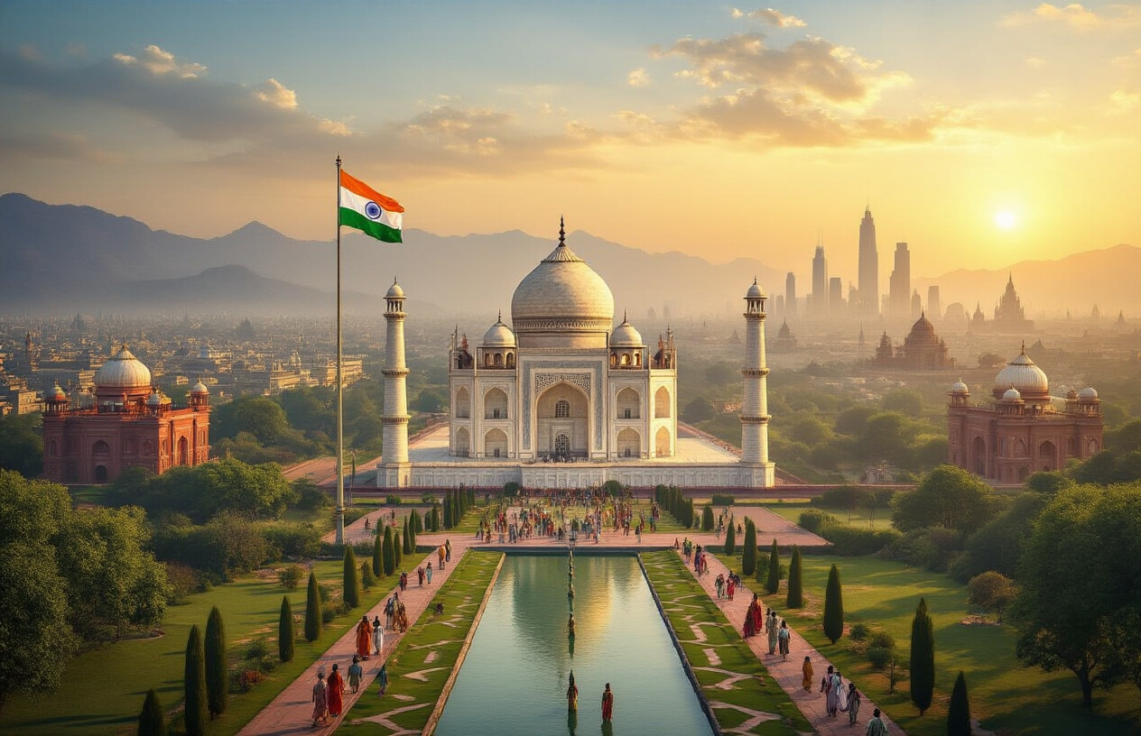 Create a realistic image of a panoramic view showcasing India's diverse cultural and geographical heritage with the iconic Taj Mahal in the foreground, surrounded by lush green gardens, with the Indian tricolor flag waving prominently on a tall flagpole, traditional Indian architecture including temples and palaces visible in the middle distance, bustling modern city skyline with skyscrapers in the background representing economic growth, diverse Indian people of different ages and ethnicities in traditional colorful clothing walking through the scene, golden sunset lighting creating warm atmosphere, mountains and rivers visible on the horizon, absolutely NO text should be in the scene.