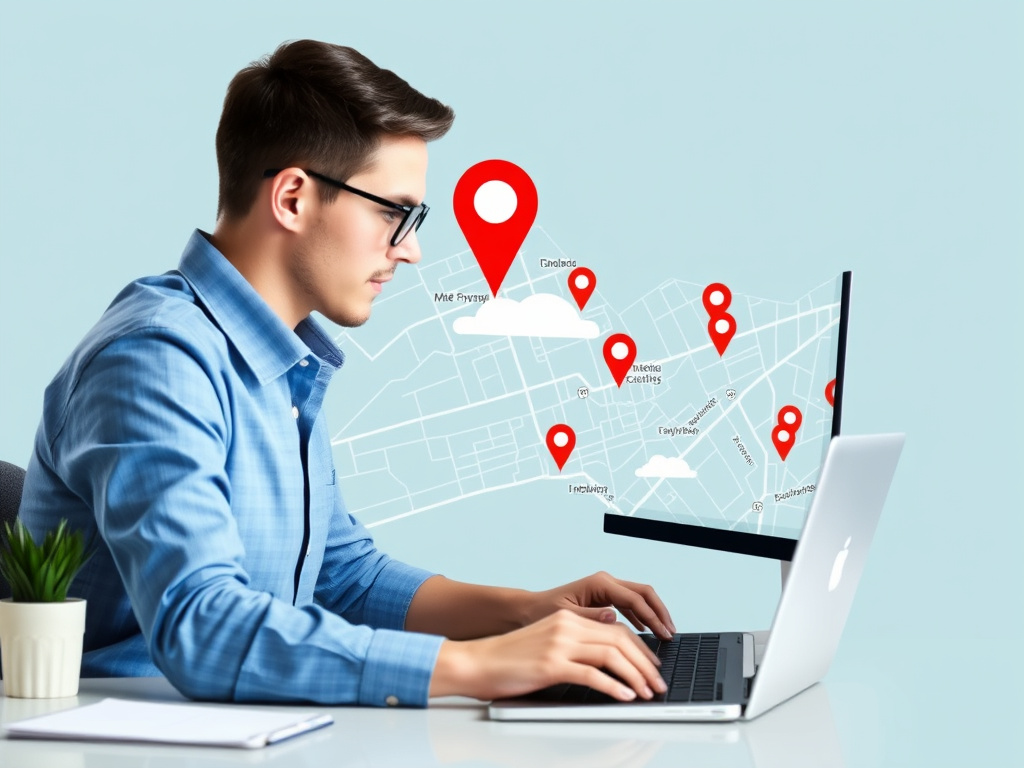 professional digital marketer researching local keywords on computer with city map overlay