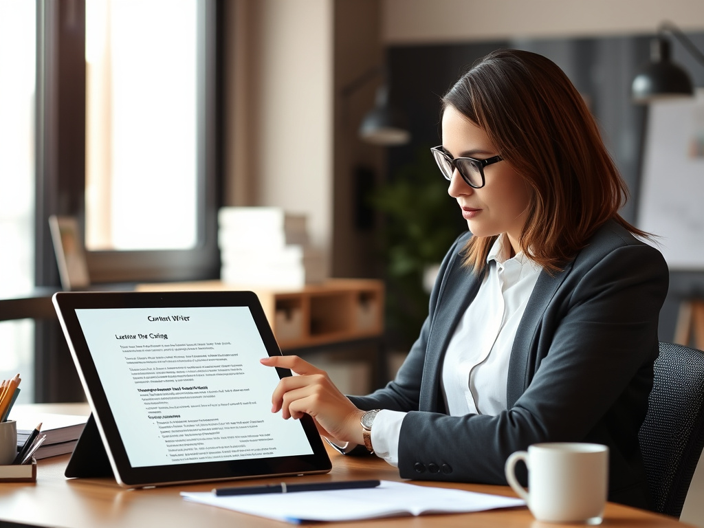 professional content writer analyzing an article outline on a digital device in a modern office