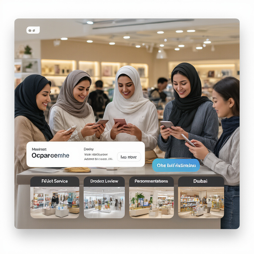 Create a realistic image of a diverse group of satisfied customers (Middle Eastern women in hijabs, white and Asian tourists) browsing products on smartphones and tablets, inside a modern, well-lit Noon.com virtual storefront interface, with customer service chat bubbles, product reviews, and personalized recommendations visible on screens, conveying a seamless and customer-focused online shopping experience in Dubai.