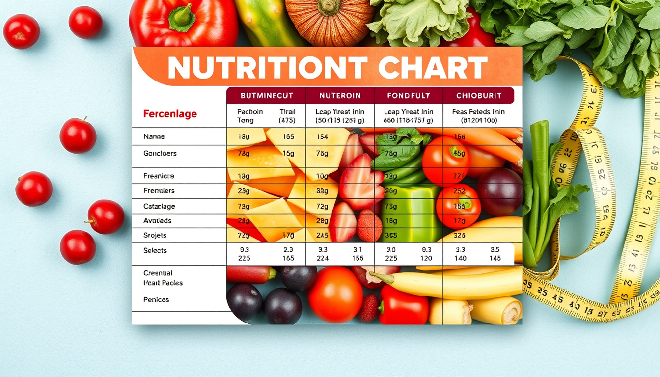  Detailed nutrition chart overlay with fruits, vegetables, and measuring tape background