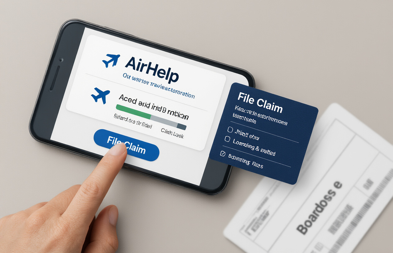 Create a realistic image of a close-up view of a smartphone displaying the AirHelp app interface, with a hand pointing to a "File Claim" button, showing a clean, user-friendly dashboard with flight information and claim status indicators, against a neutral background with subtle travel elements like a passport edge and boarding pass visible.