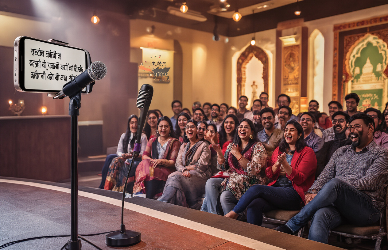 Create a realistic image of a modern Indian comedy club setting with a diverse audience laughing, featuring a microphone stand on stage with a smartphone displaying Hindi text jokes, warm ambient lighting, contemporary urban decor, and subtle traditional Indian design elements in the background.