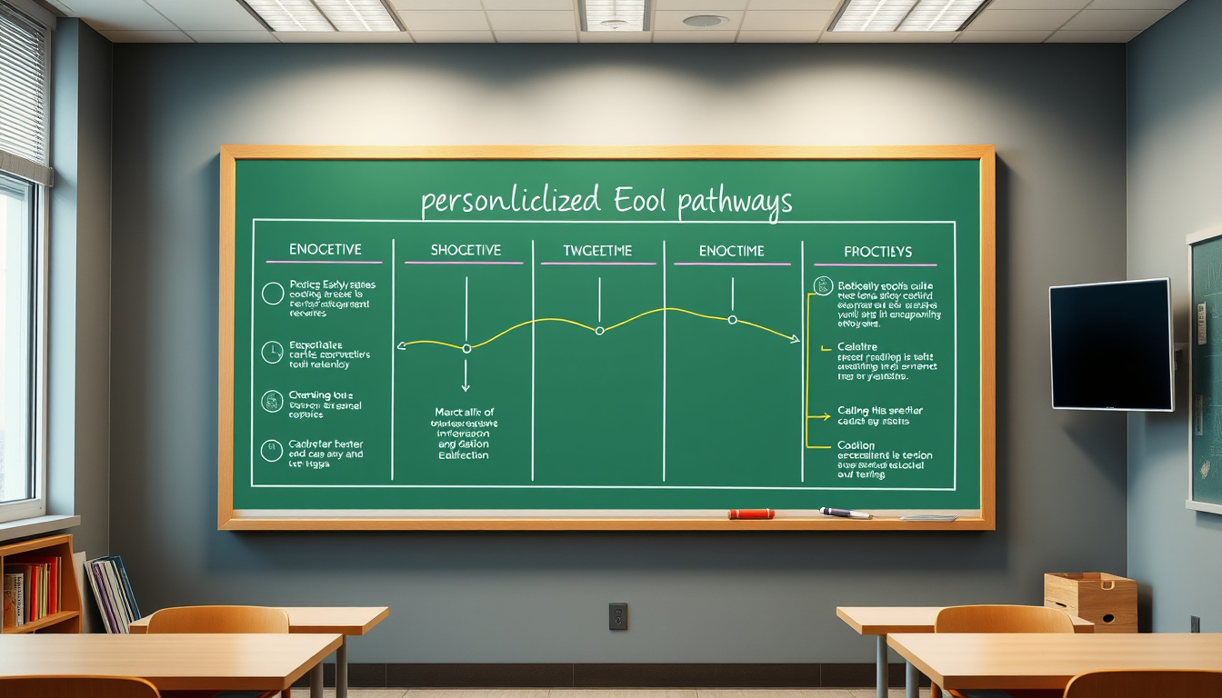  vibrant digital chalkboard displaying personalized education pathways in modern school setting