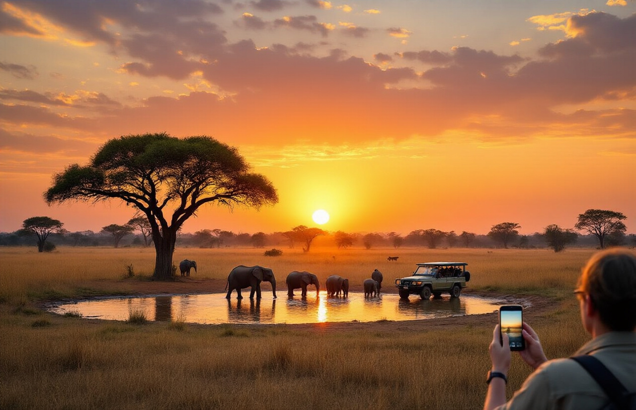Create a realistic image of South Luangwa National Park in Zambia, showing a stunning landscape with acacia trees silhouetted against a vibrant orange sunset, a herd of elephants gathering at a watering hole in the foreground, with a safari vehicle in the distance observing wildlife, and a person holding a smartphone checking their connectivity, capturing the remote beauty of this safari destination.