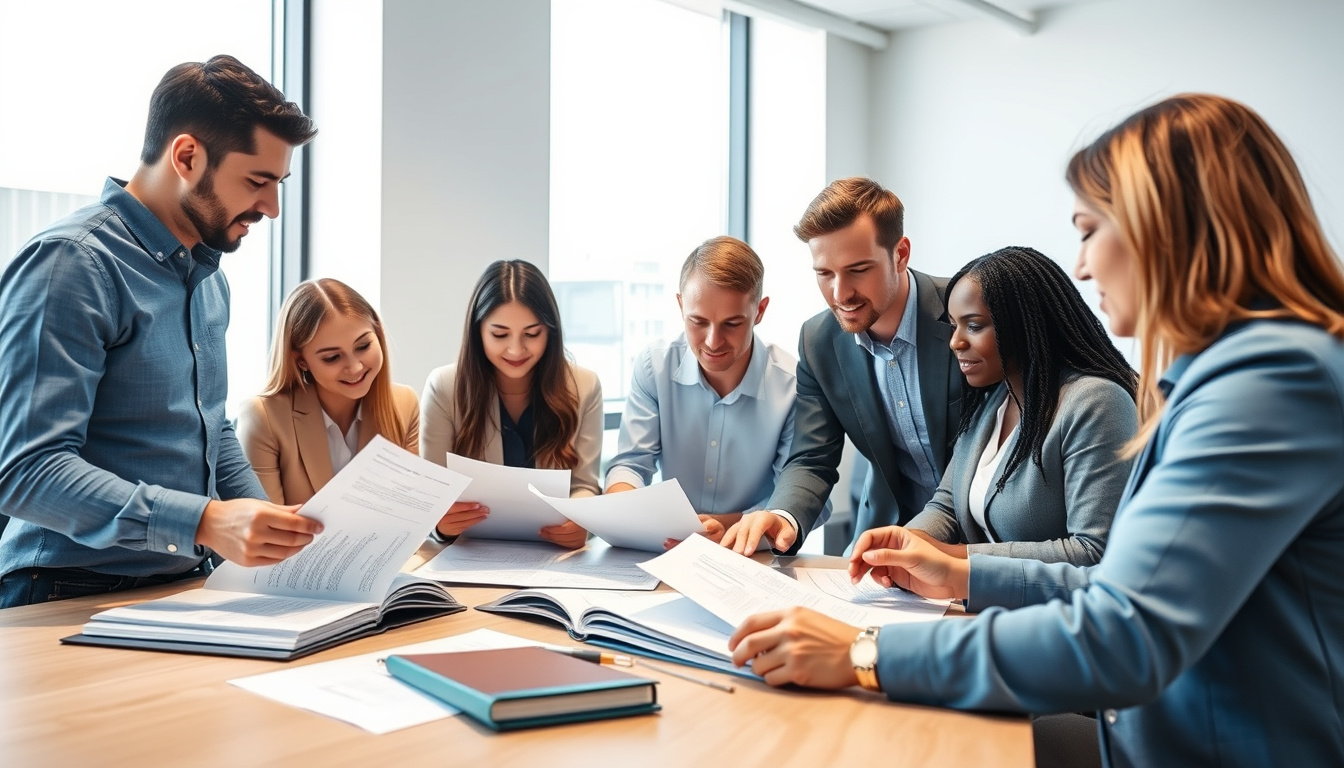  diverse team collaborating on government contracting documents, bright professional workspace