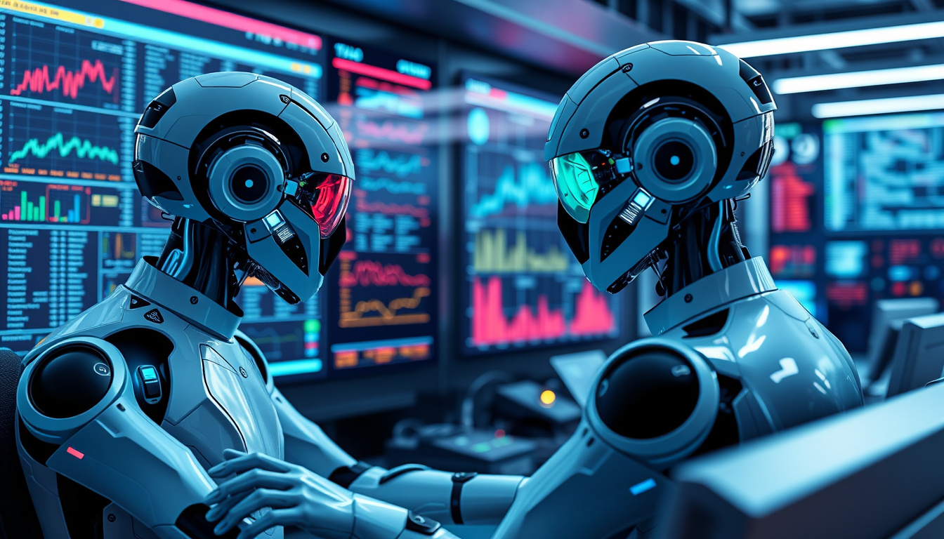  Sleek AI agents analyzing complex data streams in a high-tech industrial control room