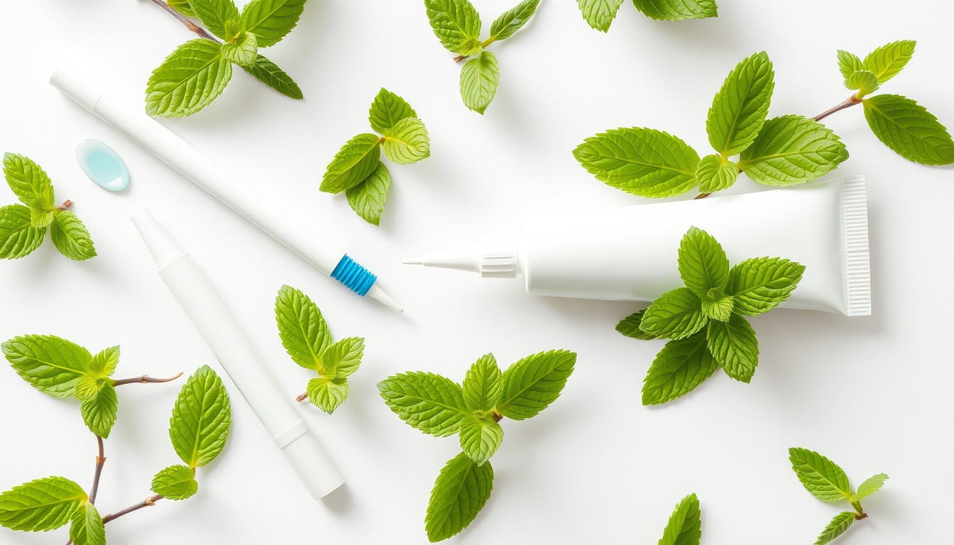  Dental care concept, gentle teeth whitening pens surrounded by mint leaves and clean toothpaste tube on white background