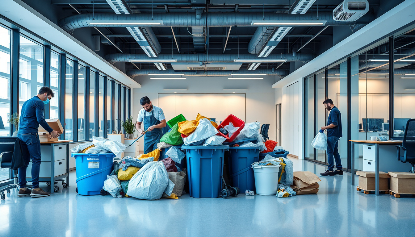  modern office space with workers clearing bulky trash, tidy and organized environment