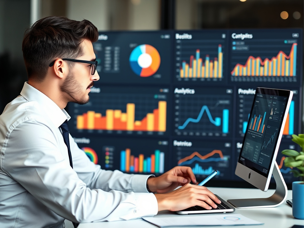 business analyst reviewing website analytics dashboard with charts and graphs