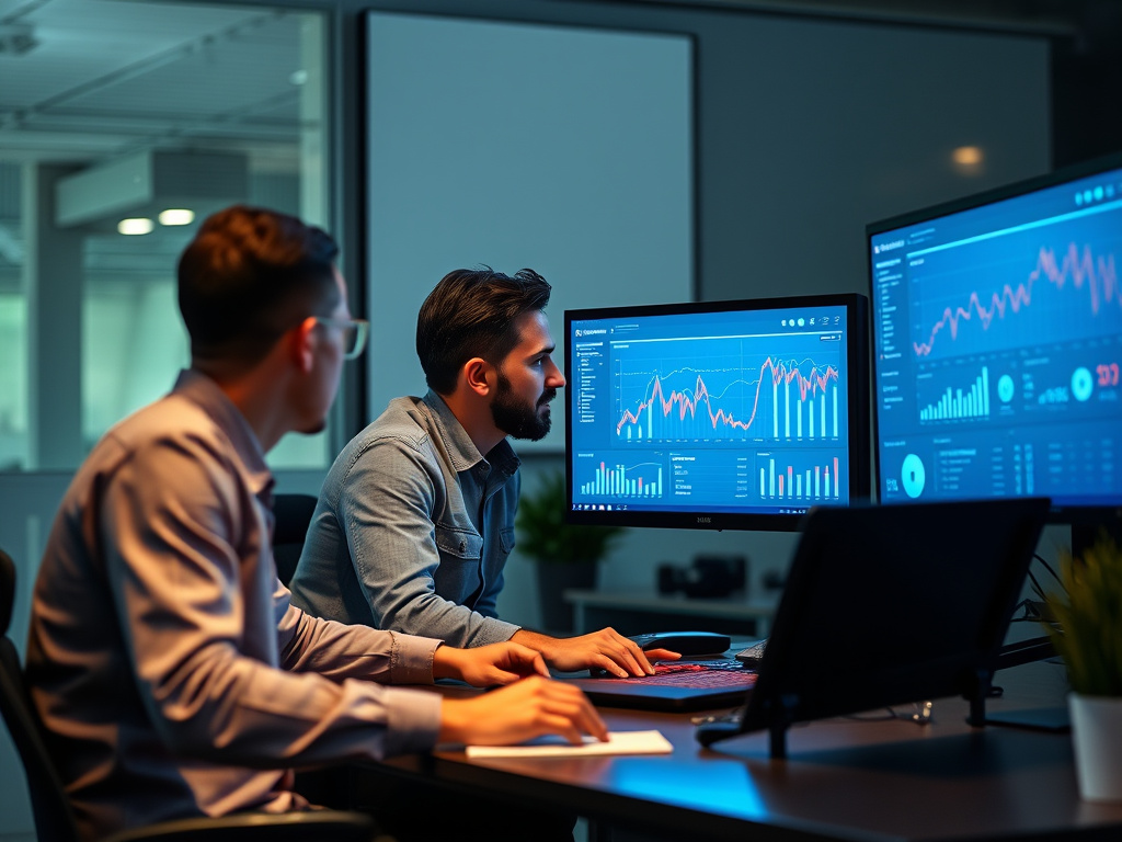 professional digital marketing team analyzing performance metrics on multiple screens