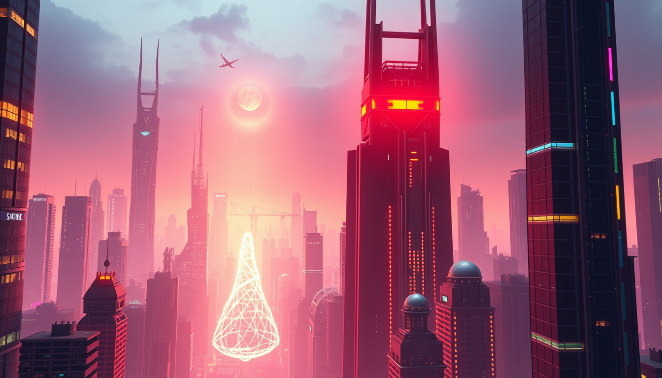  Futuristic cityscape with glowing prophecies floating above towering skyscrapers