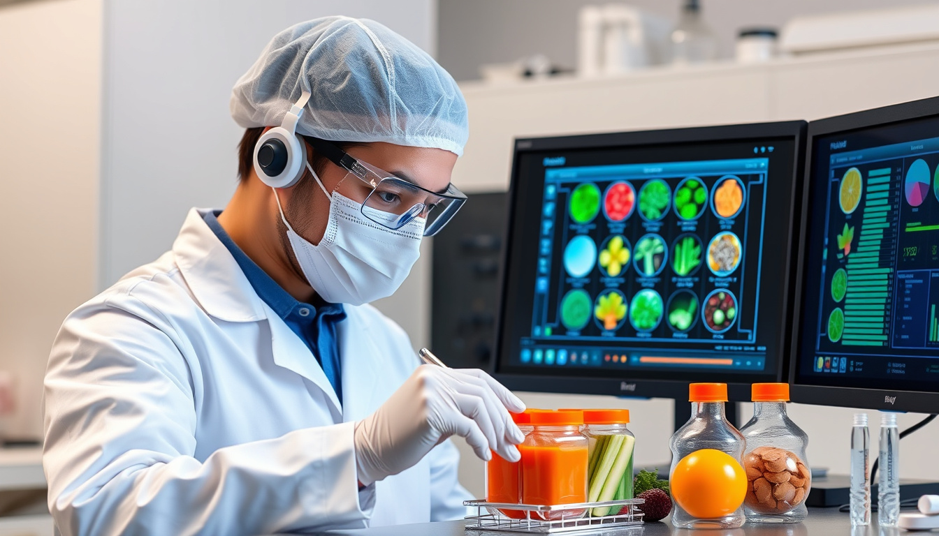  Laboratory scientist analyzing food samples with high-tech equipment and digital screens