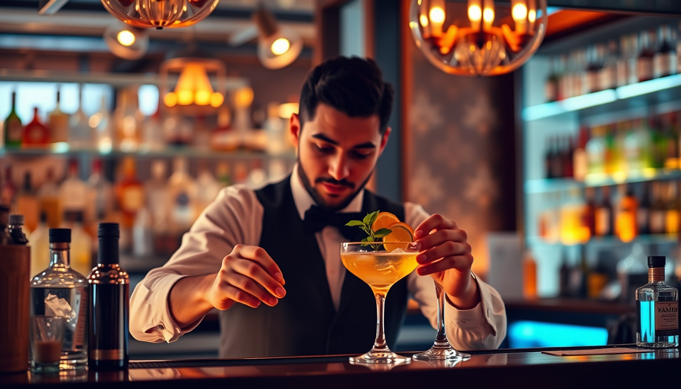  elegant bar manager demonstrating cocktail making, focus on safety and customer care, warm lighting