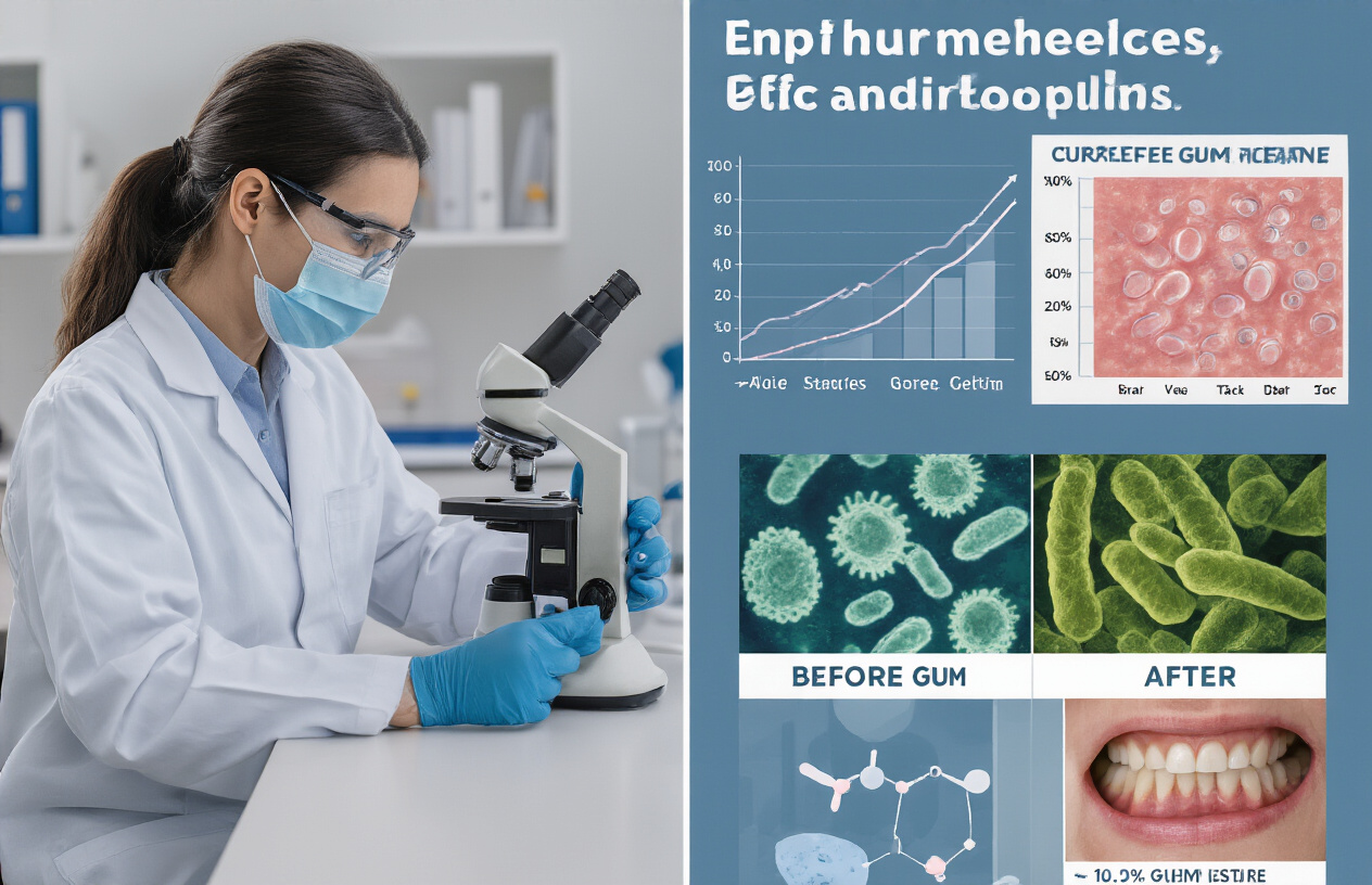 Create a realistic image of a dental researcher in a white lab coat examining microscope slides with bacterial cultures, alongside a split-screen showing before and after gum tissue images, with visible reduction in inflammation in the "after" image, set in a modern clinical laboratory with scientific charts showing probiotic effectiveness data on the wall behind.