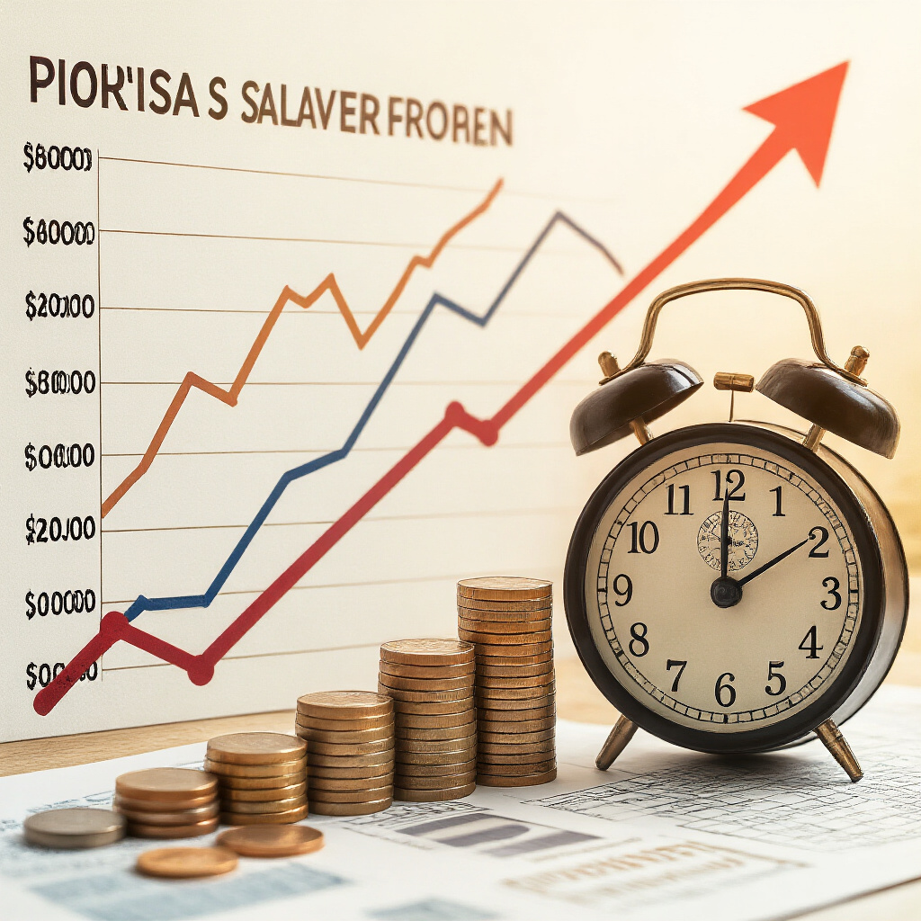 Create a realistic image of financial graphs and investment charts showing positive long-term growth, alongside a diverse portfolio of assets including real estate, stocks, and retirement accounts, with a subtle background of a calendar or clock symbolizing the passage of time, in warm, confident lighting that conveys security and prosperity.