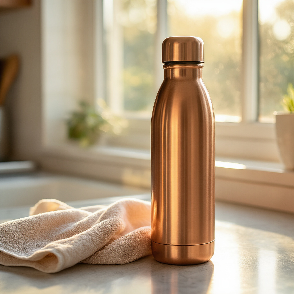 Create a realistic image of a sparkling clean copper water bottle sitting on a kitchen counter with a soft cloth beside it, sunlight streaming through a window making the polished copper gleam with a warm golden-orange hue, showcasing the final result of proper bottle cleaning and maintenance.