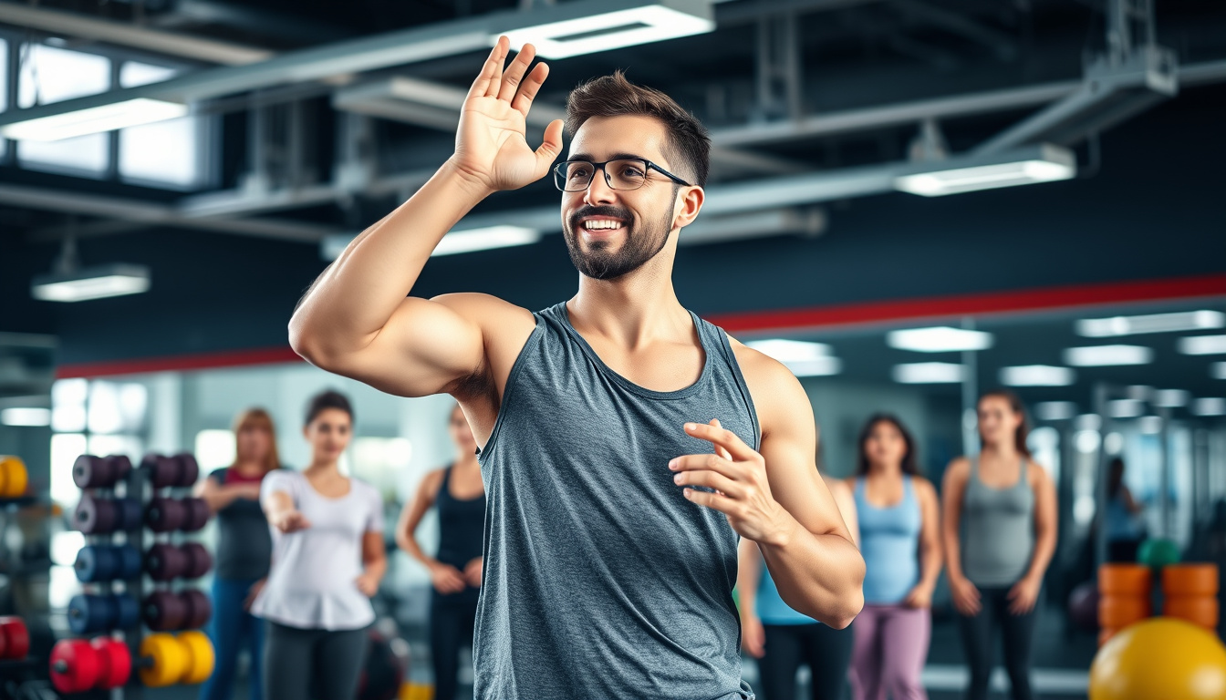  An energetic fitness trainer guiding a class in a modern gym with colorful weights