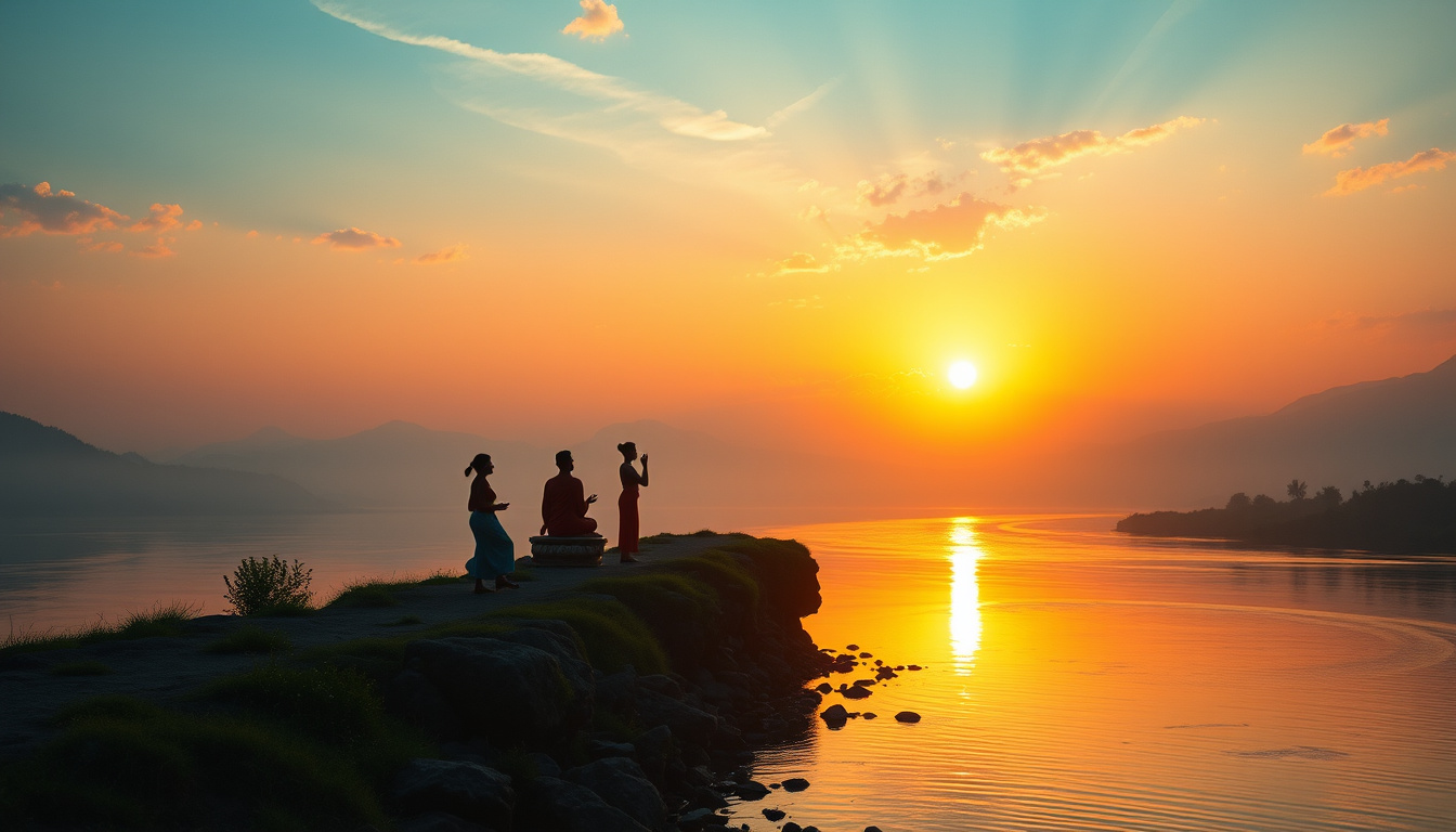  majestic sunrise over tranquil river, ethereal silhouettes ascending towards radiant sky, symbolizing liberation and moksha